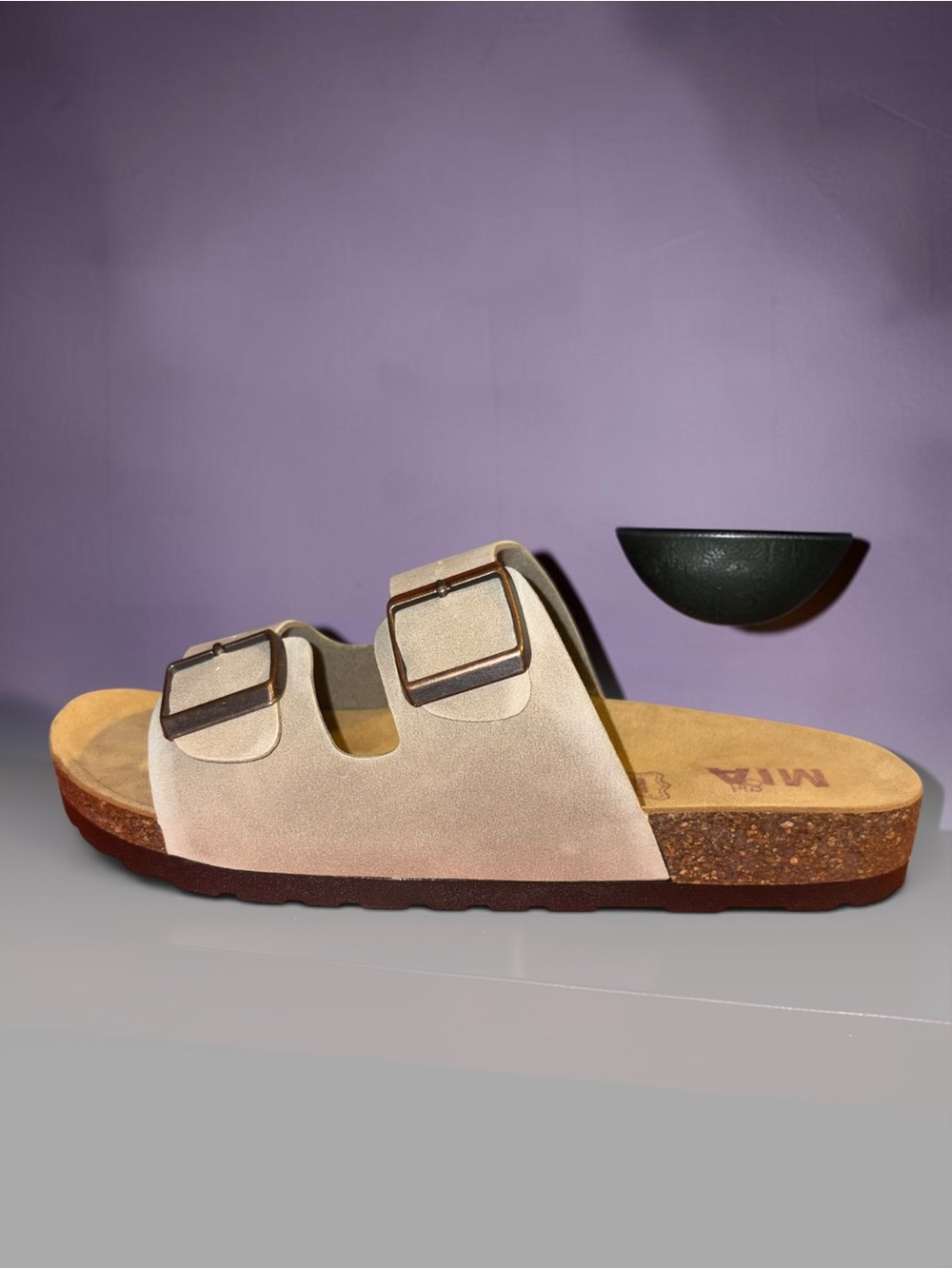 MIA Taupe Double-Buckle Cork Slide Sandal